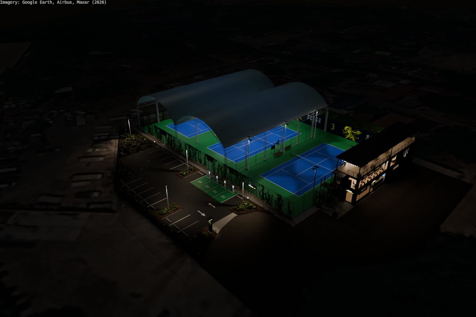 Aerial from the south-east at night