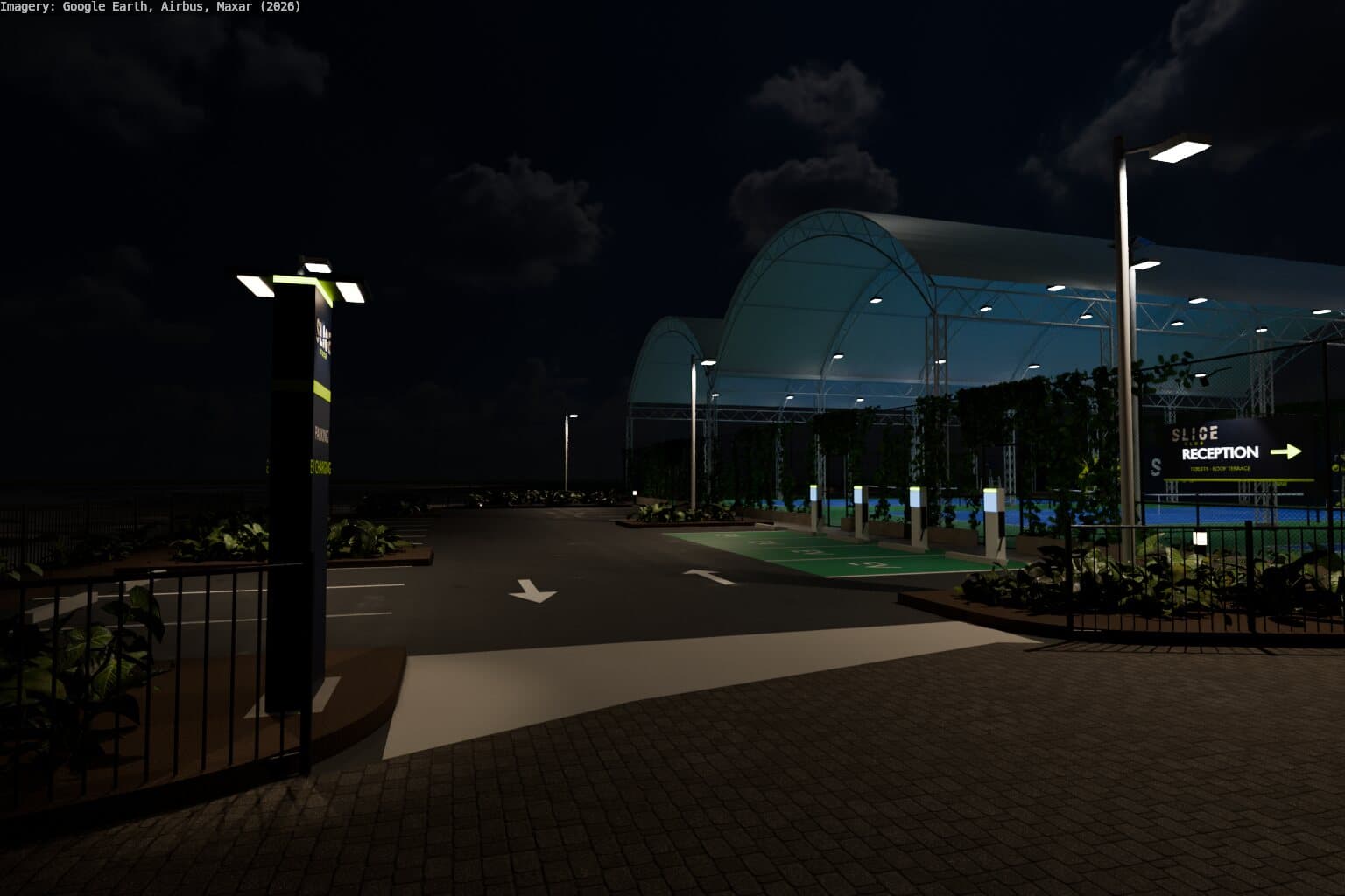 Car park entrance at night