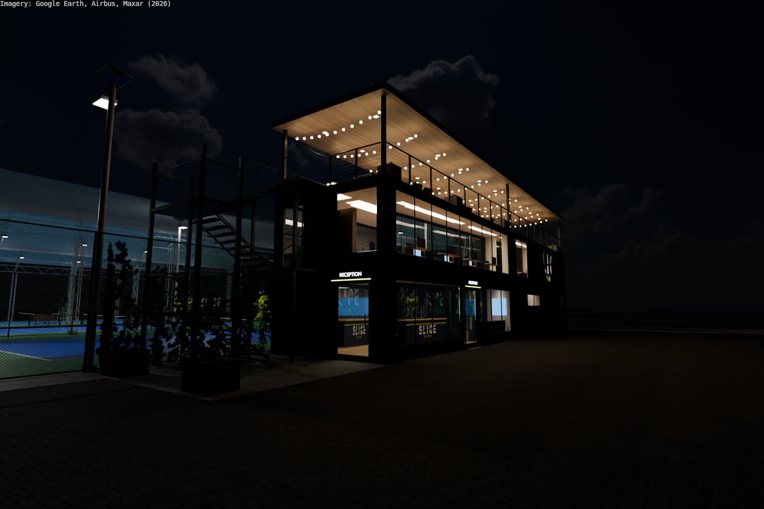Clubhouse from the driveway at night