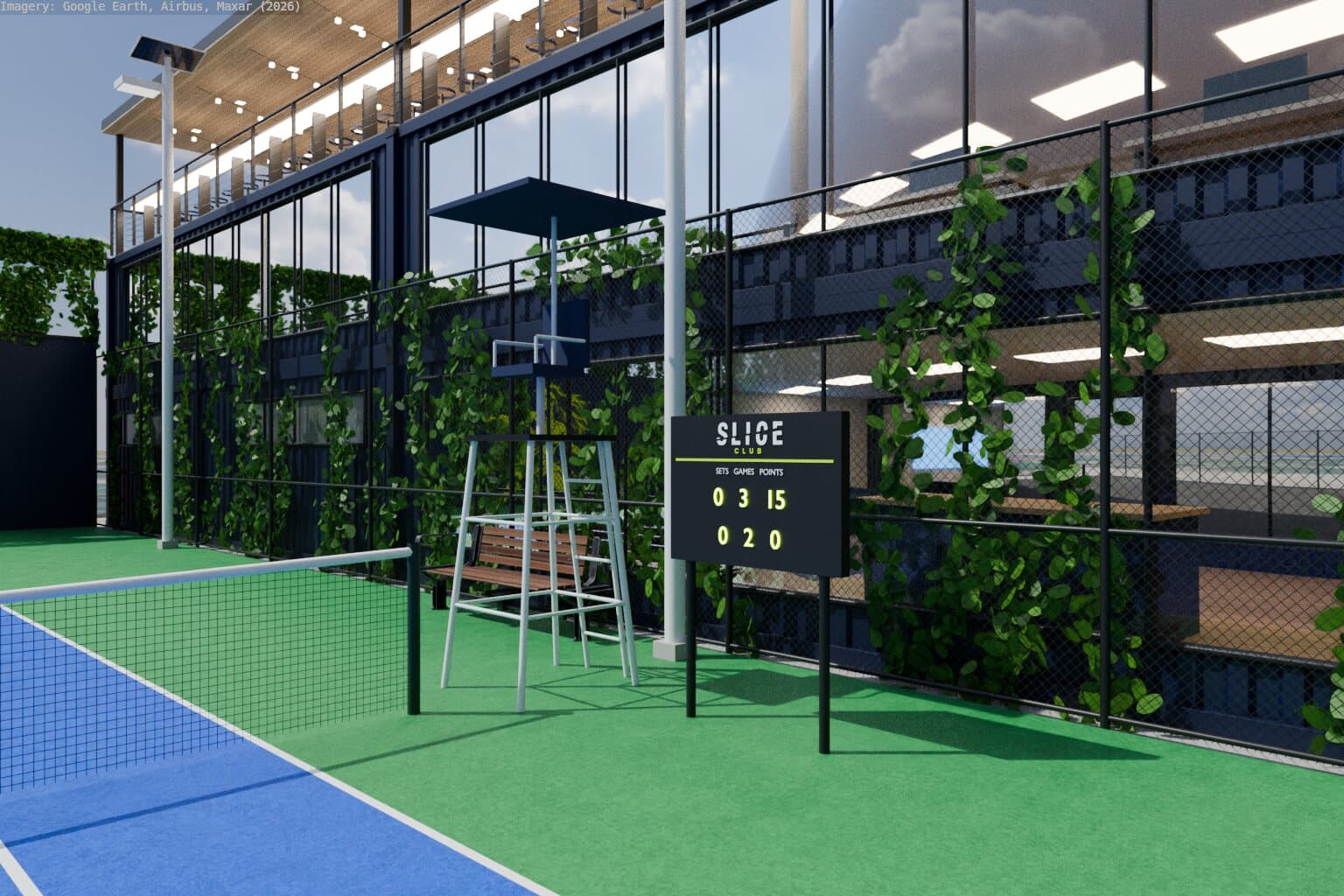 Umpire chair and scoreboard