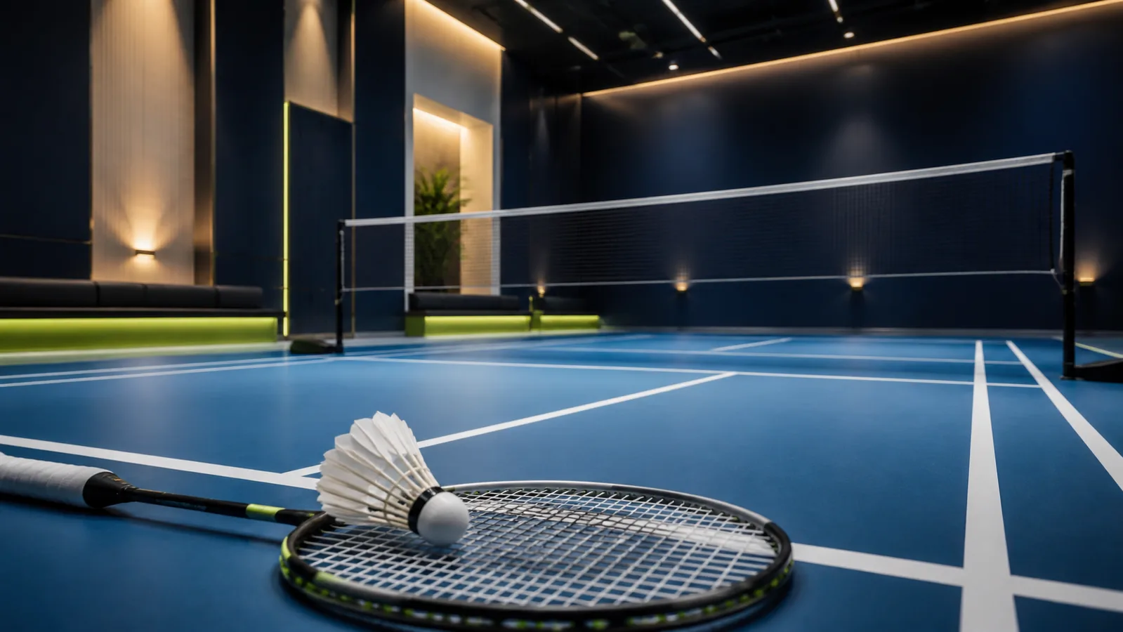 Badminton racket and shuttlecock on a blue indoor badminton court