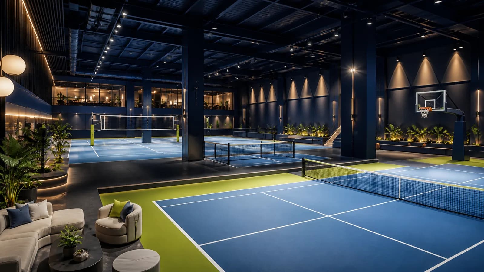 Multi-sport indoor complex with tennis and basketball courts