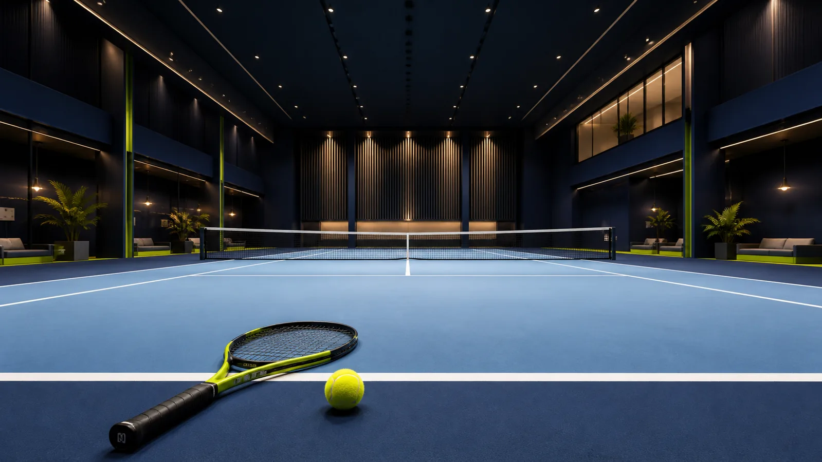 Tennis racket and ball resting on an indoor tennis court
