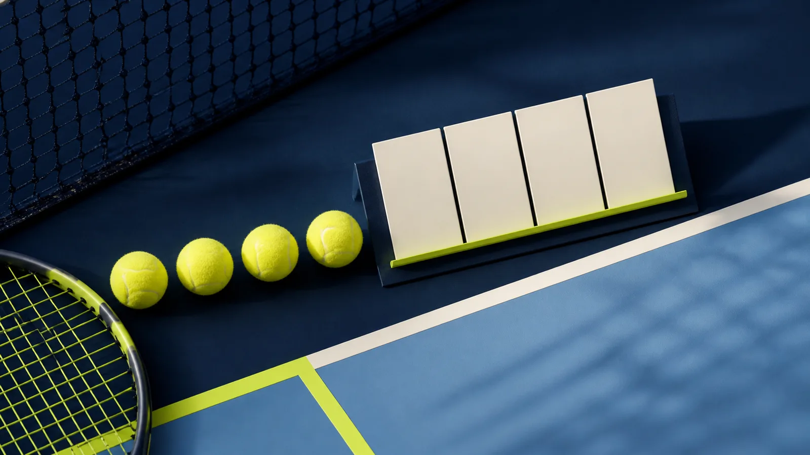 Four tennis balls arranged beside blank scoring panels on a tennis court