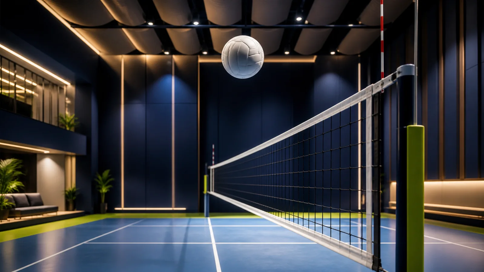 Volleyball suspended above the net on an indoor volleyball court