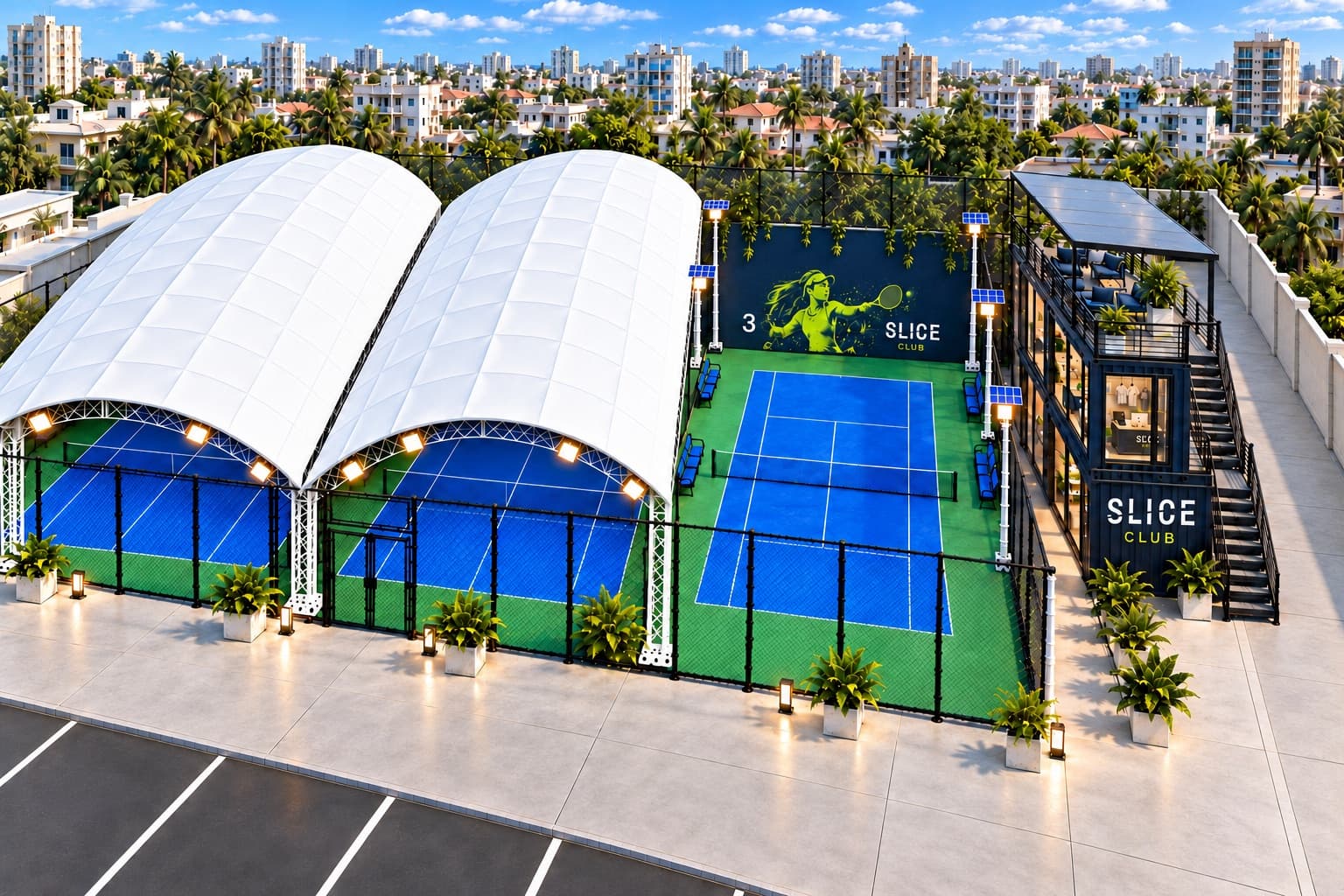 Aerial concept rendering of two dome-covered outdoor tennis courts and one open-air court at Slice Club