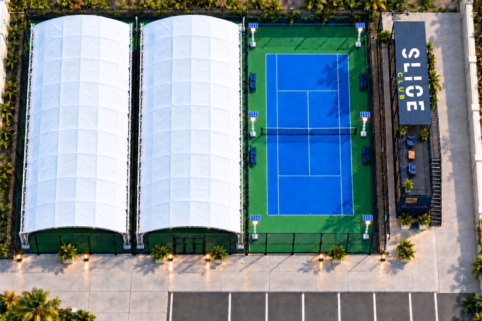 Overhead concept rendering of two dome-covered courts, an open-air court and the Slice Club office on the right