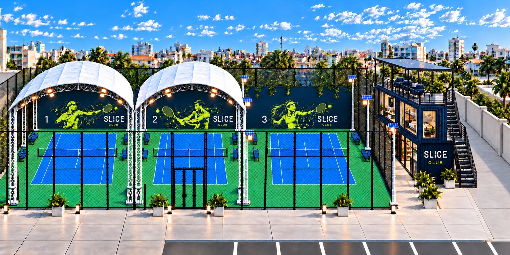 Ground-level concept view of the two dome-covered courts, open-air court and clubhouse