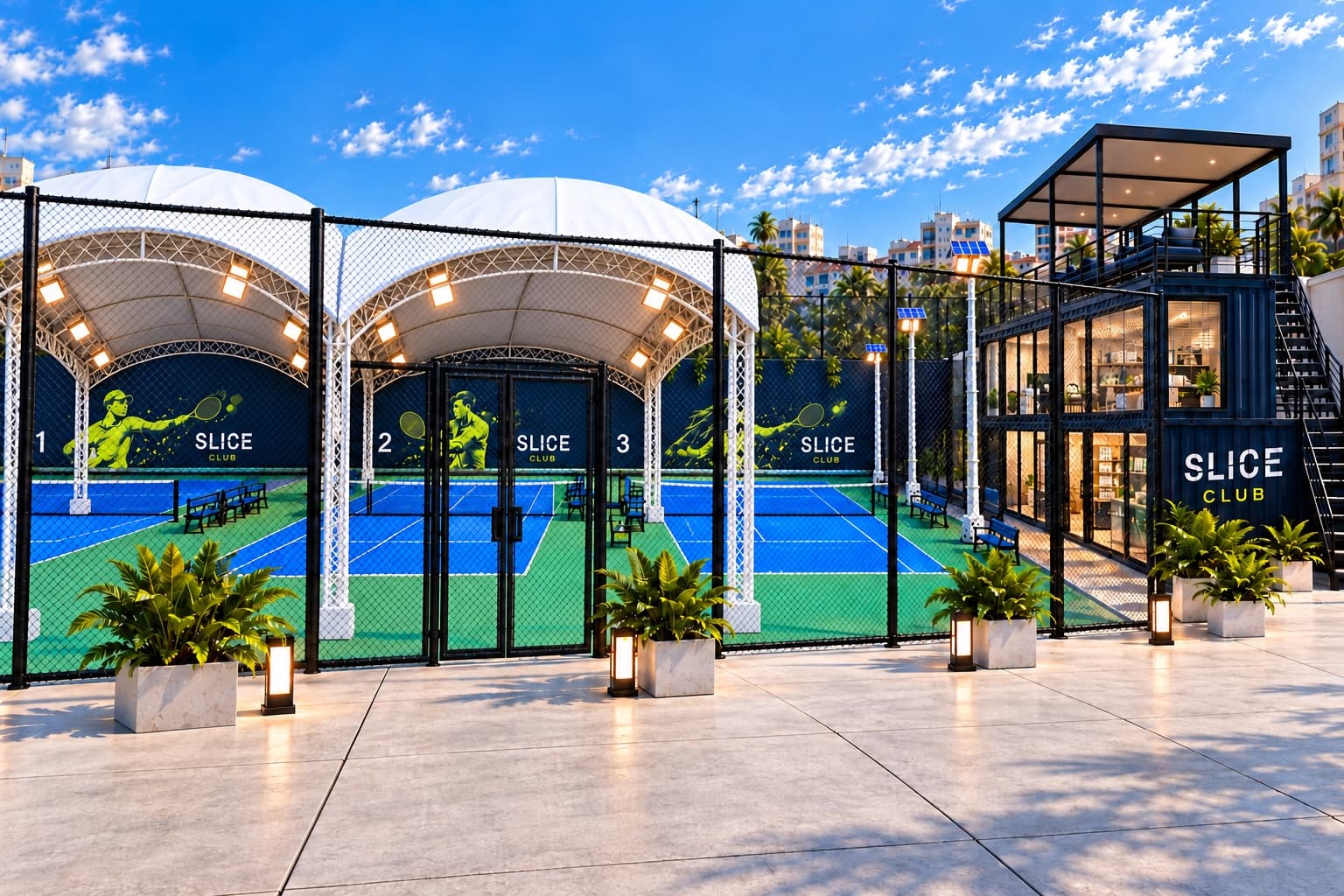 Concept view from the front fence of the dome-covered and open-air courts beside the Slice Club office