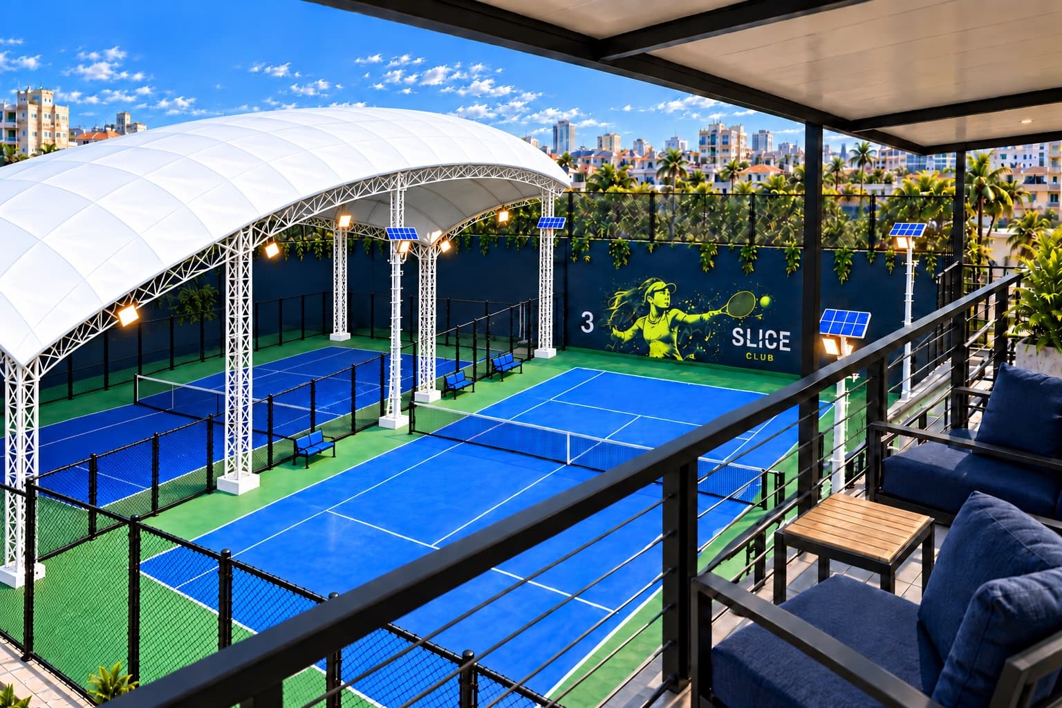 Concept view from the clubhouse deck across the dome-covered and open-air outdoor courts